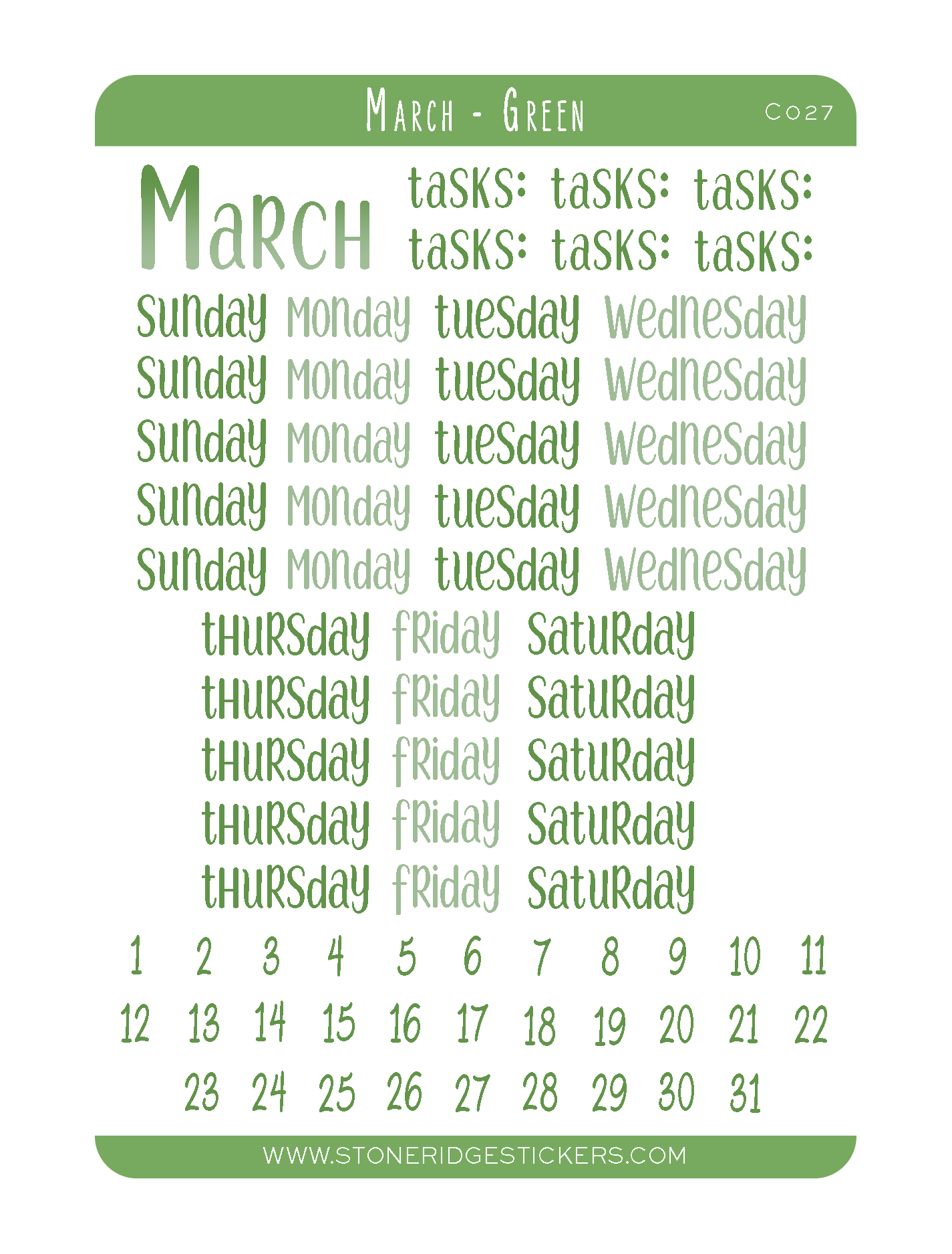 March Date Labels March Calendar Sticker Sheet – Stone Ridge Books